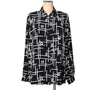 CLAUDIA RICHARD Fun Black White Print Button Up Shirt Top Blouse 18